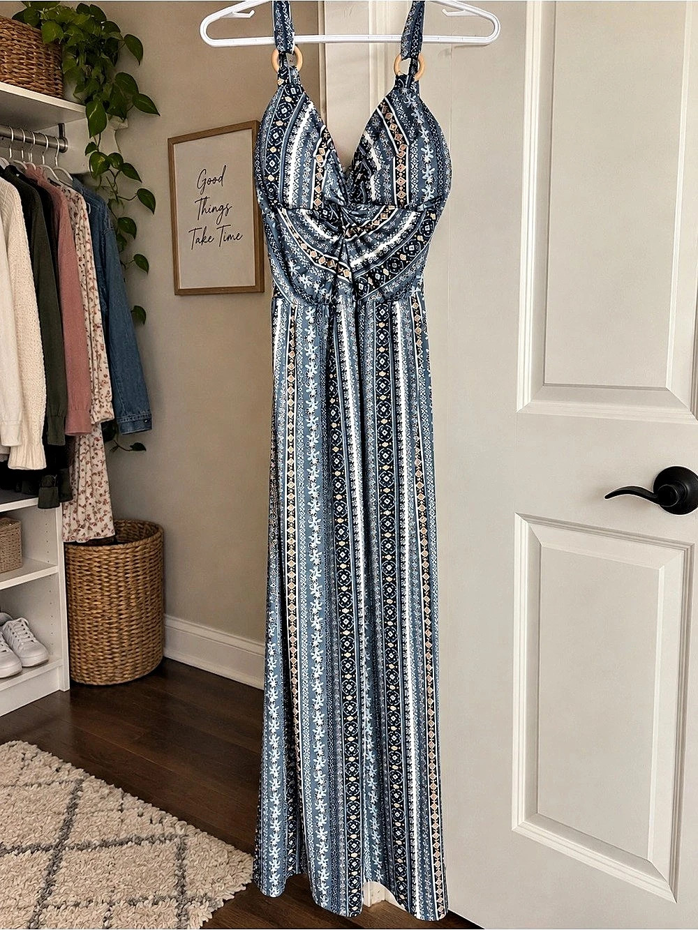 Patrons of Peace Women's Blue & White Geometric Maxi Dress